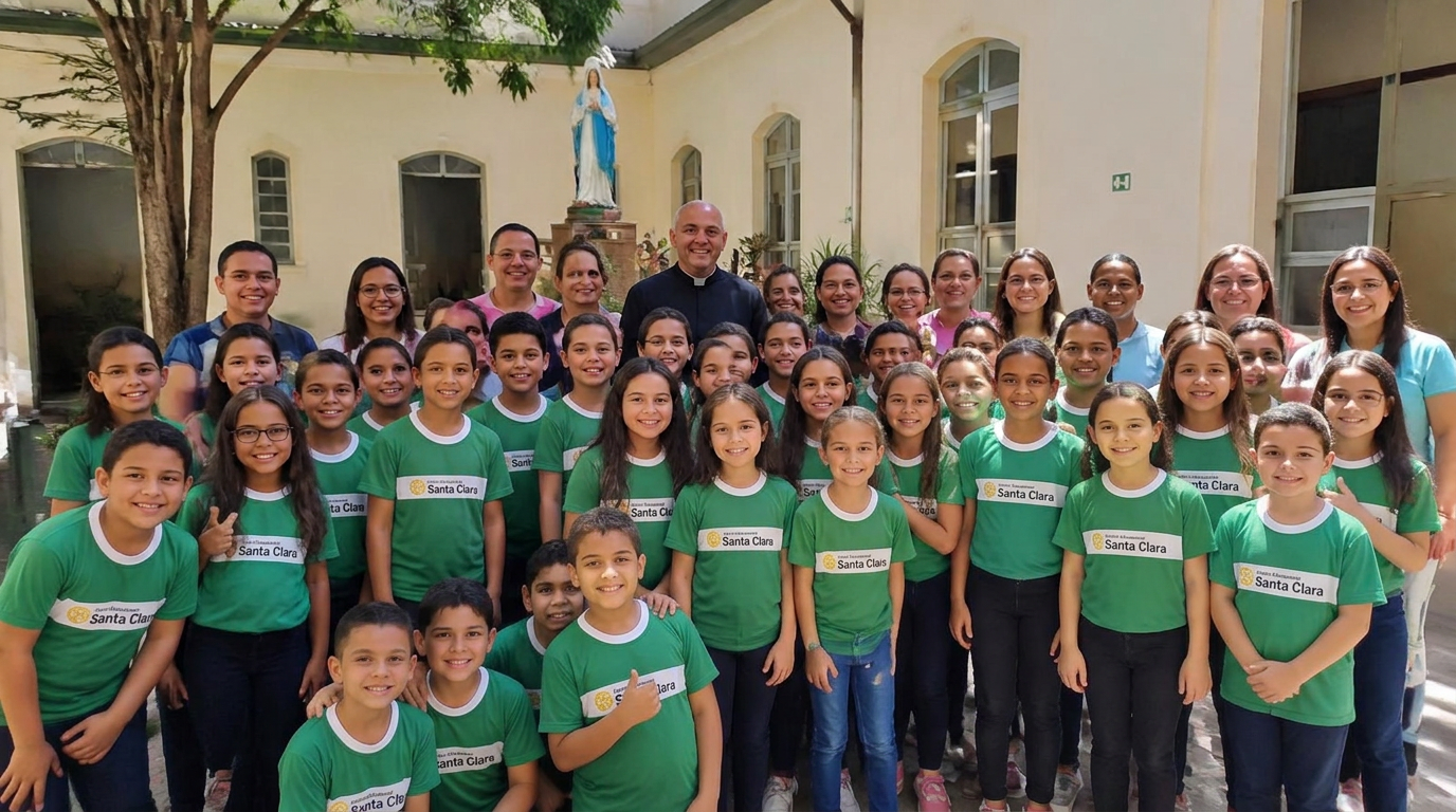 Comunidade escolar do Centro Educacional Santa Clara reunida no pátio