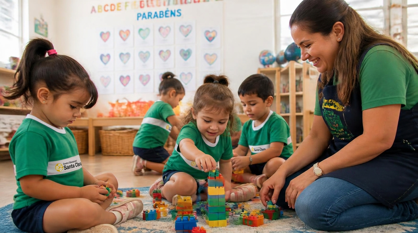 Crianças da Educação Infantil brincando com blocos coloridos ao lado da professora