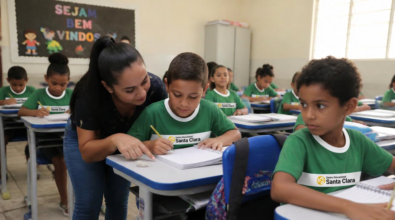 Estudantes do Fundamental I em atividade de sala de aula com a professora
